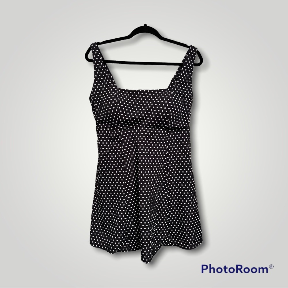 NWT Swimsuits for All Ladies Sz 16 Squareneck Black & White Polka Dot Swimdress - Picture 3 of 16